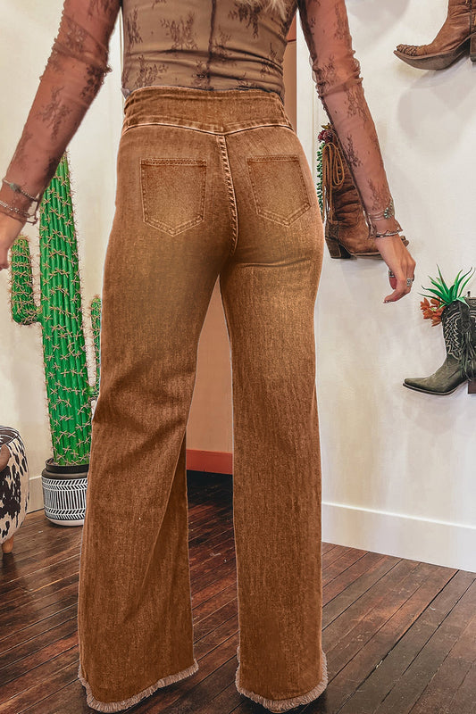 Coffee High Waist Button Fly Seamed Raw Hem Flare Jeans