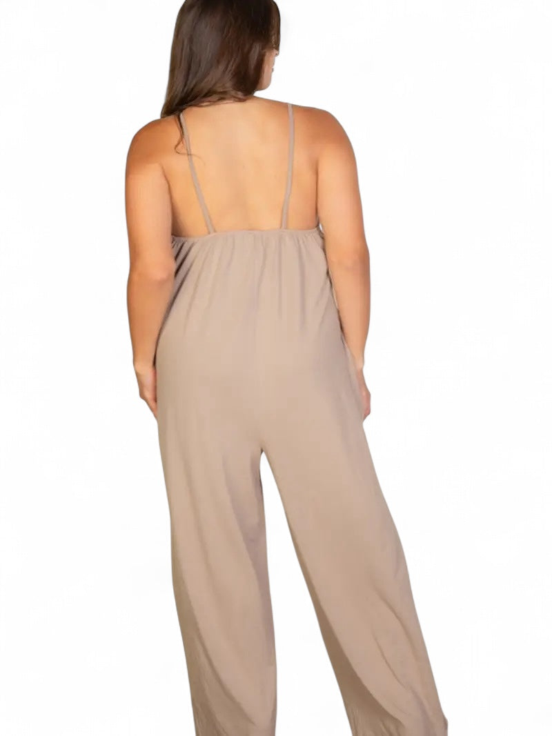 Curvy Spaghetti Strap Solid Wide Jumpsuit