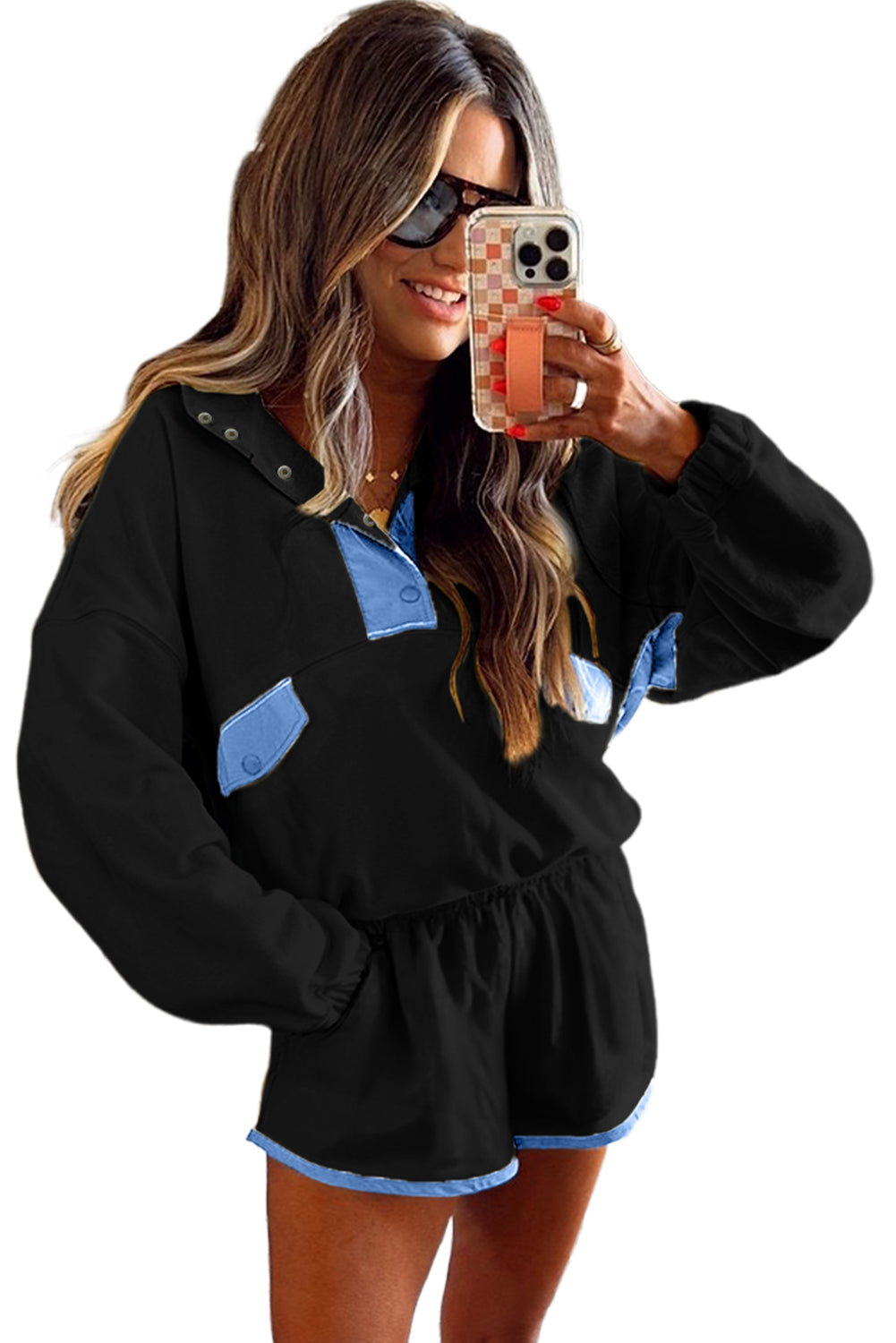 Colorblock Patchwork Half Button Pullover and Shorts Set