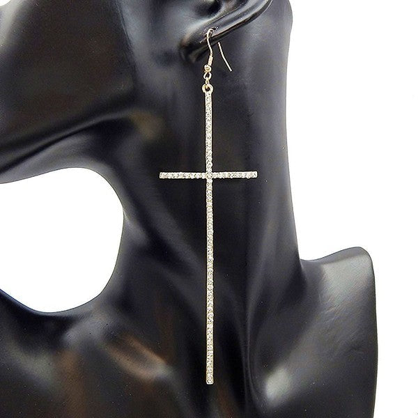 Long Huge Cross Rhinestone Dangle Earrings