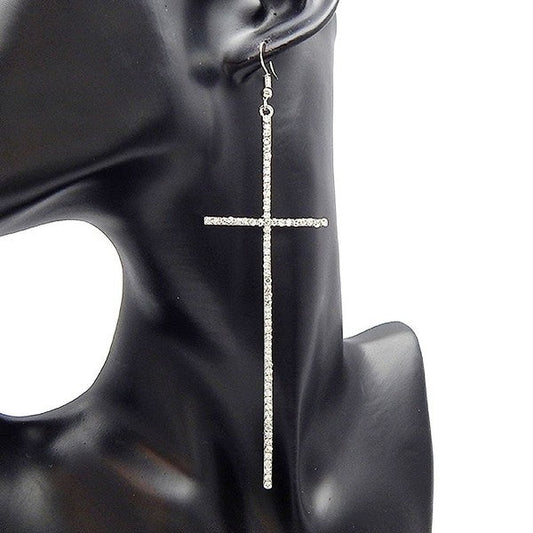 Long Huge Cross Rhinestone Dangle Earrings