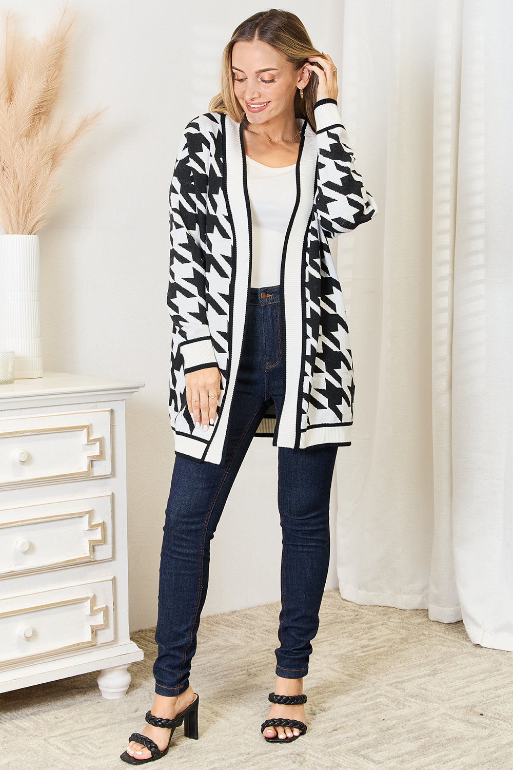 Mandy Woven Houndstooth Open Front Longline Cardigan