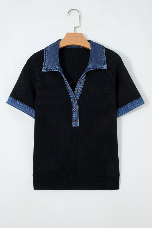 Denim Polo Collar Waffle Knit Patchwork Top