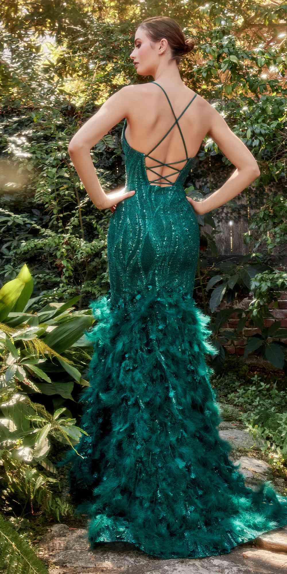 Andrea & Leo Long Emerald Dust Feather Mermaid Gown