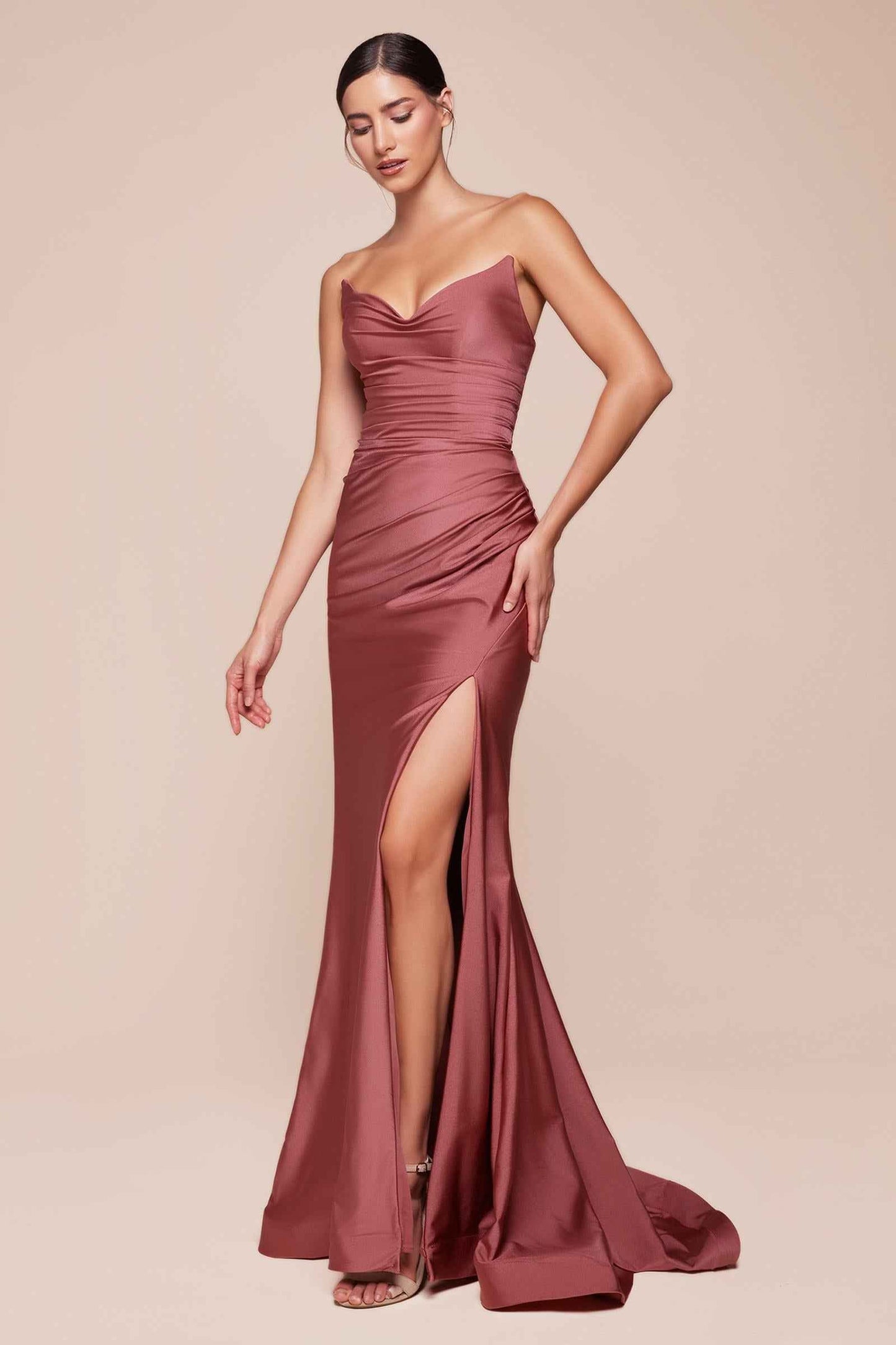 Ladivine Dress Strapless Stretch Satin Fitted Dusty Rose Gown