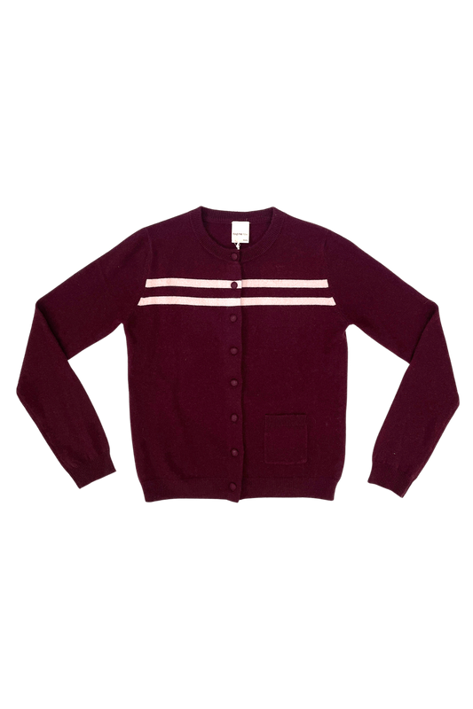 CASHMERE WOOL STRIPE CARDIGAN IN RASPBERRY CREAM