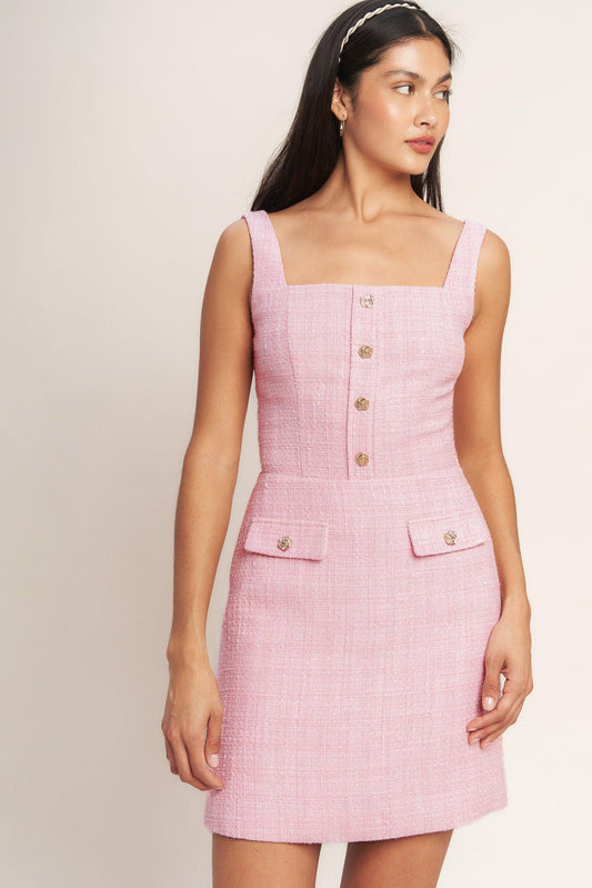ON MY WAY PINK WOVEN TWEED MINI DRESS