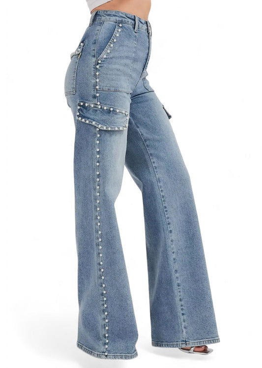 Pearl Trimmed Cargo Wide Leg Jeans
