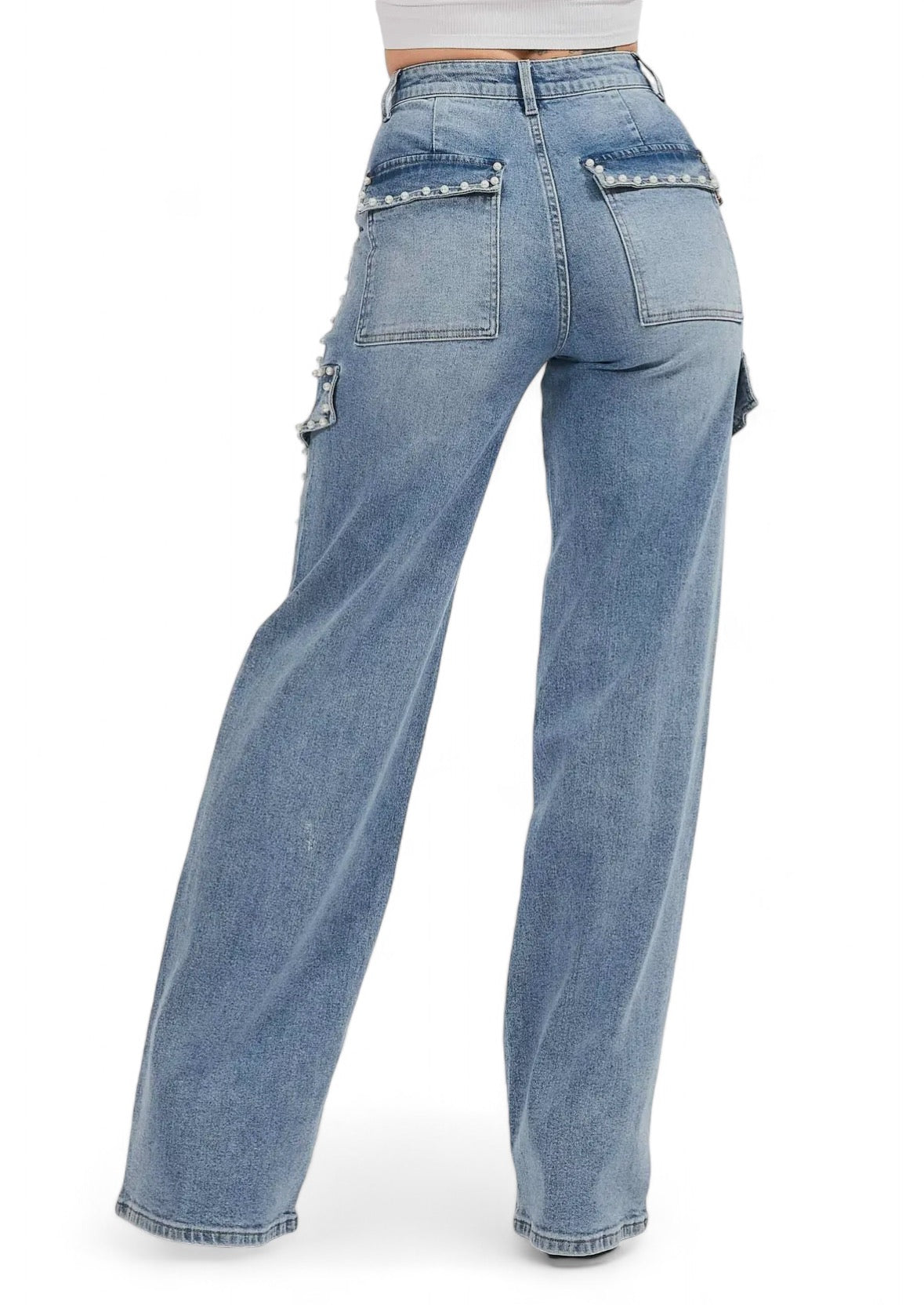 Pearl Trimmed Cargo Wide Leg Jeans