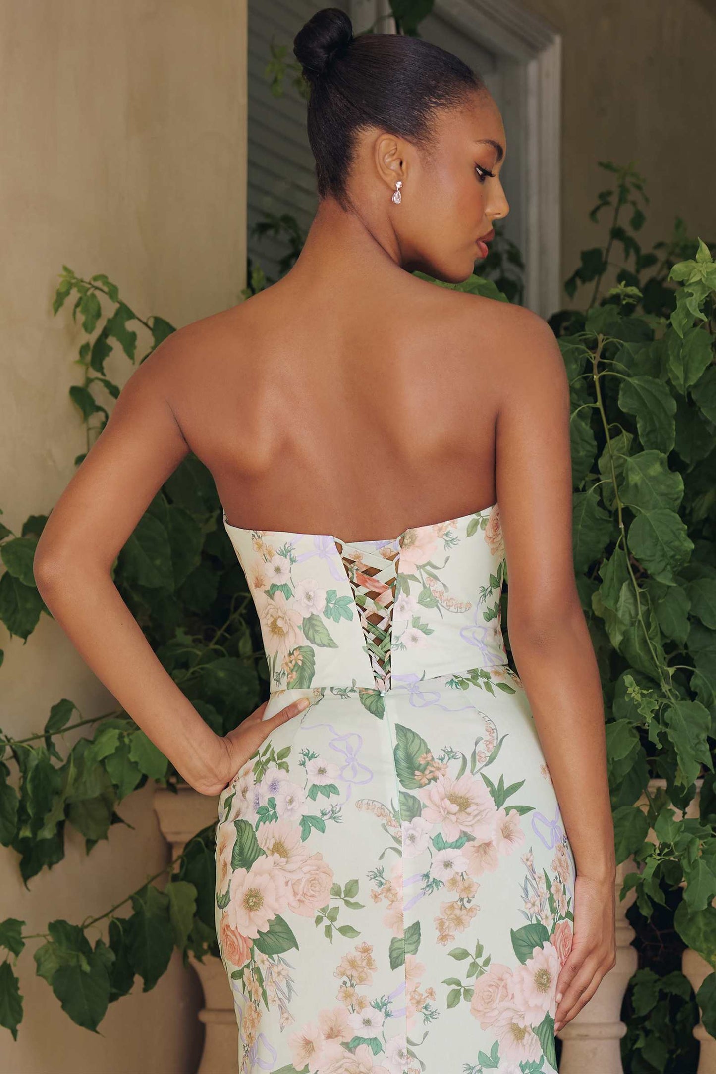 Amoris Long Strapless Fitted Floral Chiffon Gown