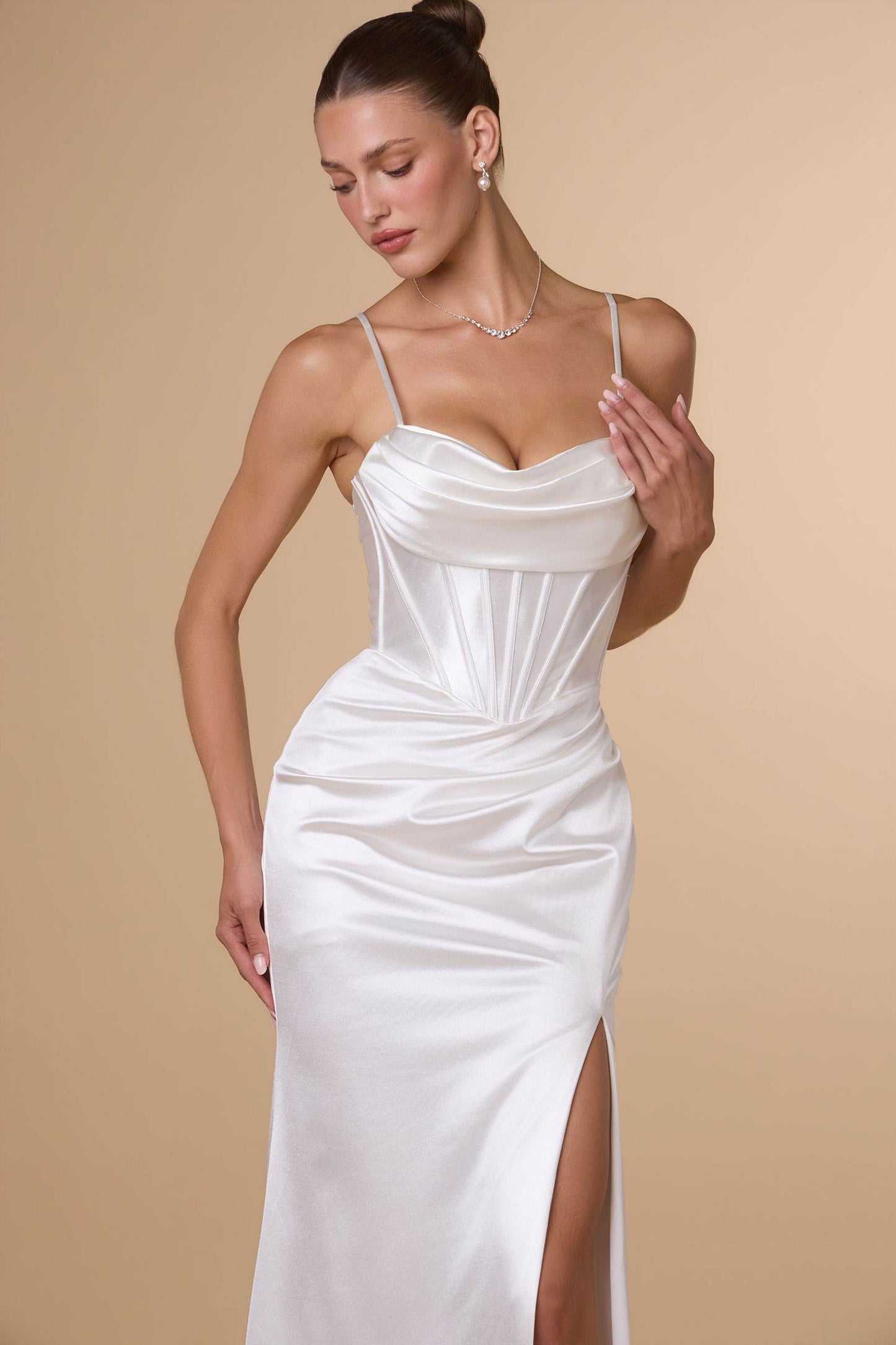 Amoris Fitted Sultry Stretch Satin Bustier Bodice Off White Dress