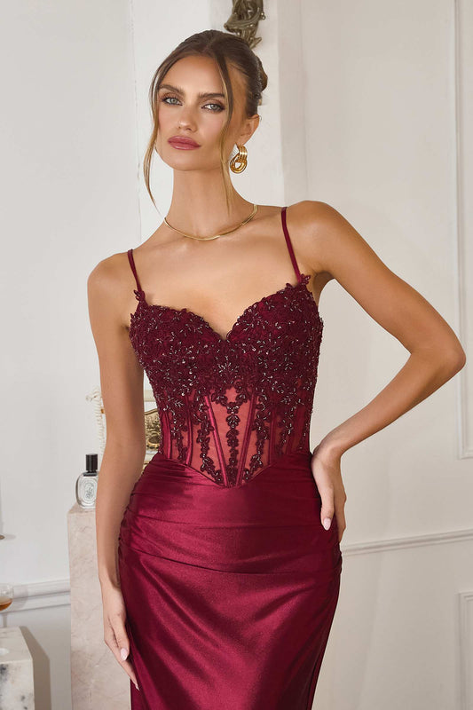 Amoris Sleek Fitted Stretch Satin Burgundy Mermaid Gown