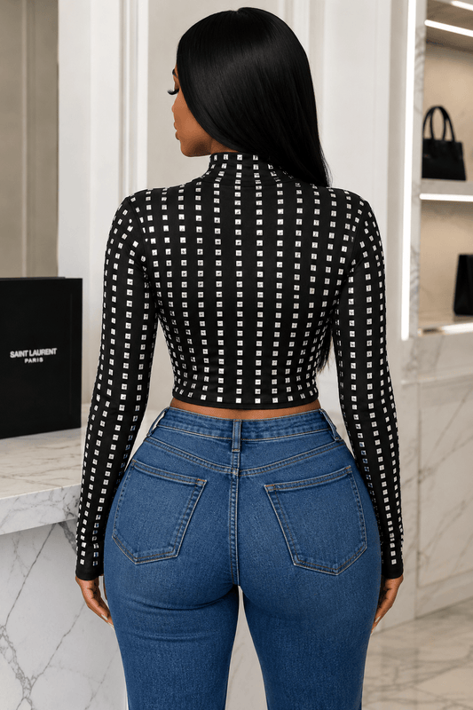 Astrid Noir Crystal Embellished Long Sleeve Mock Neck Top