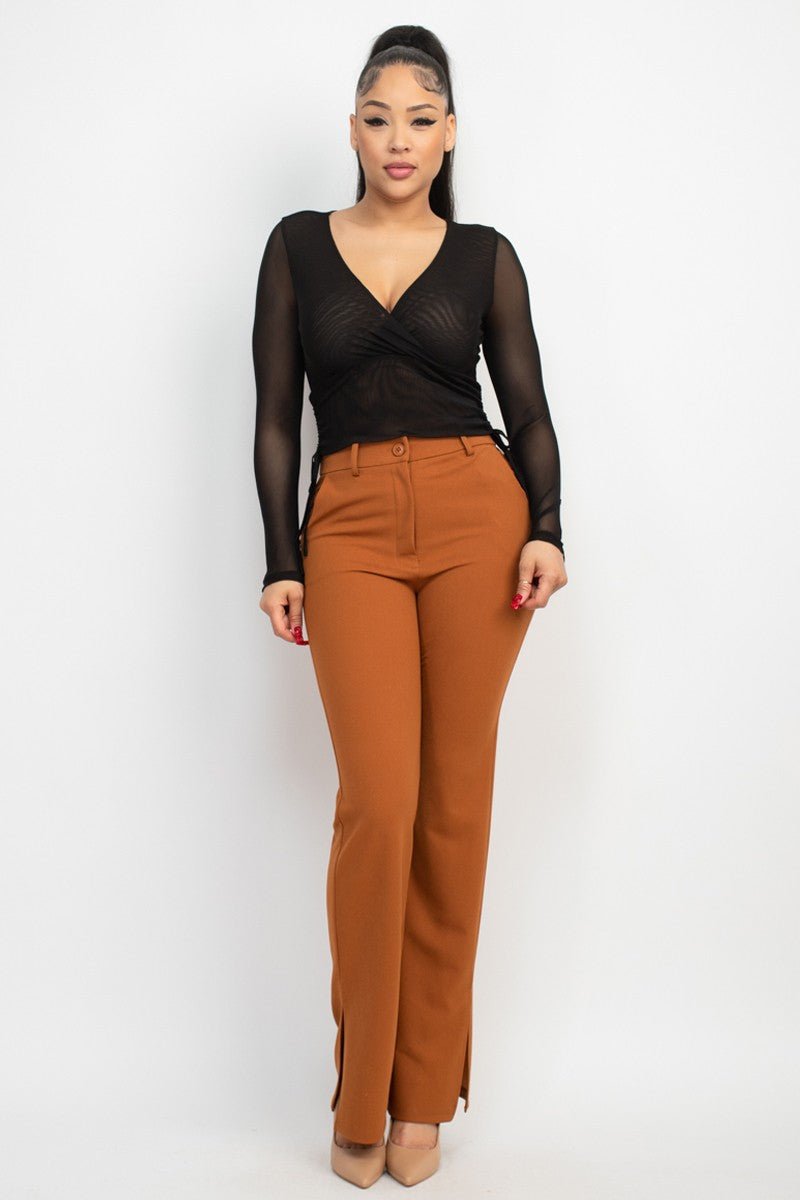 Cognac Side Slit Pants with Elastic Back
