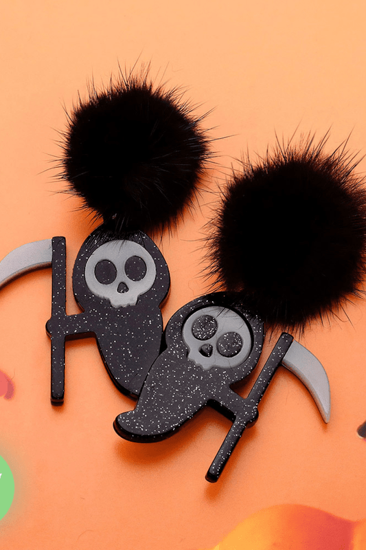 Glow-in-the-Dark Grim Reaper Pom Pom Dangle Earrings