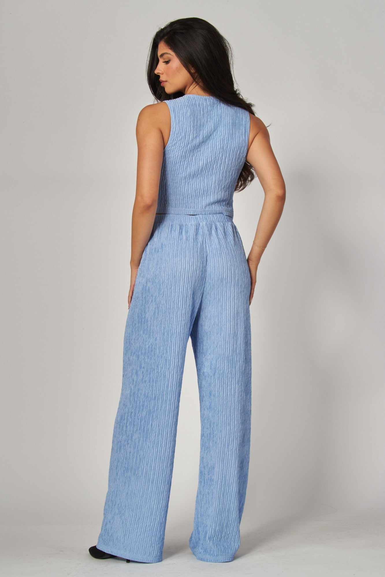 Plissé Waistcoat Top & Wide-Leg Pant Set