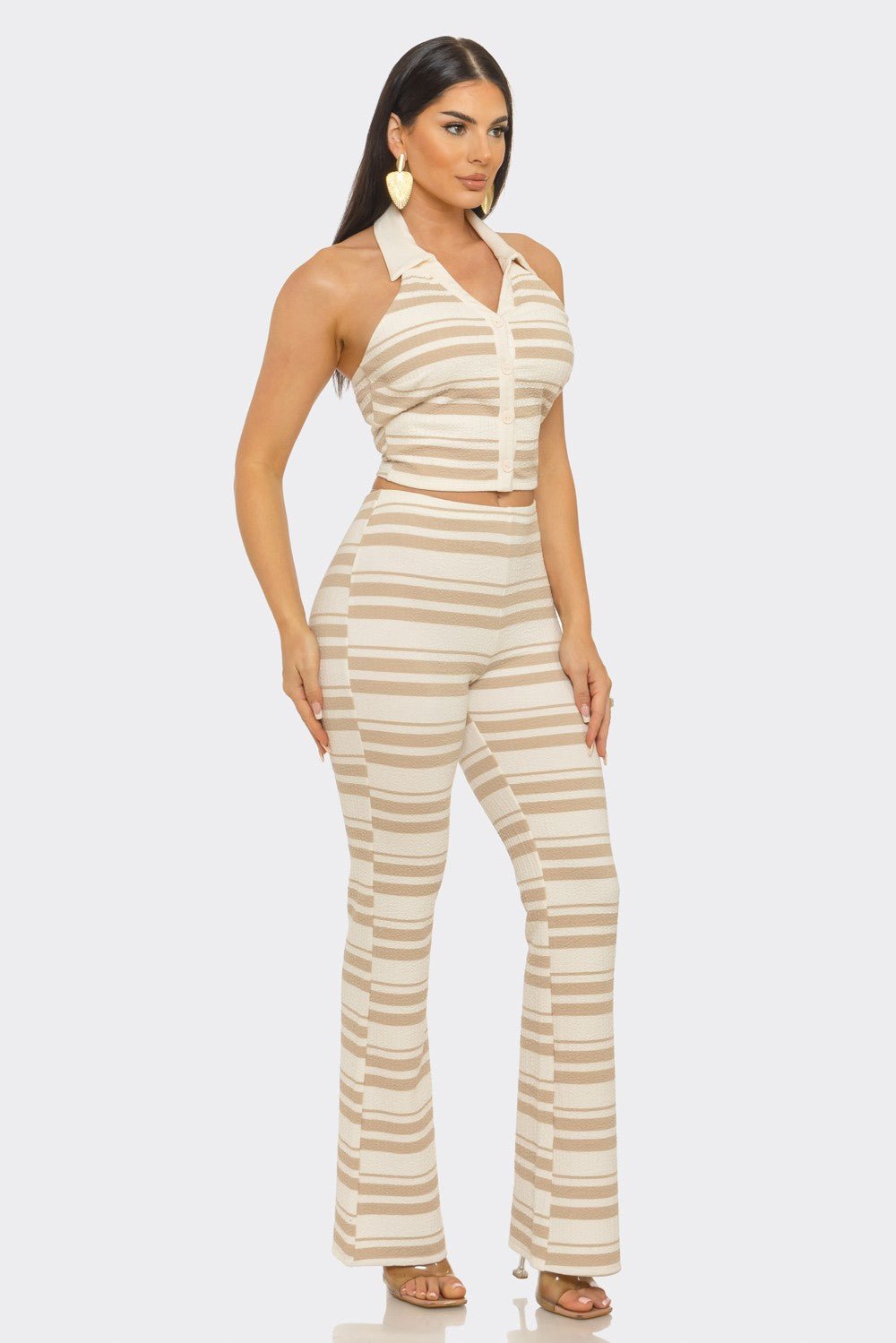 Santorini Stripe Halter Crop Top & Flare Pants Set – Vacation Outfit