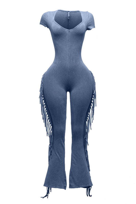 Mineral Washed Fringe Jumpsuit