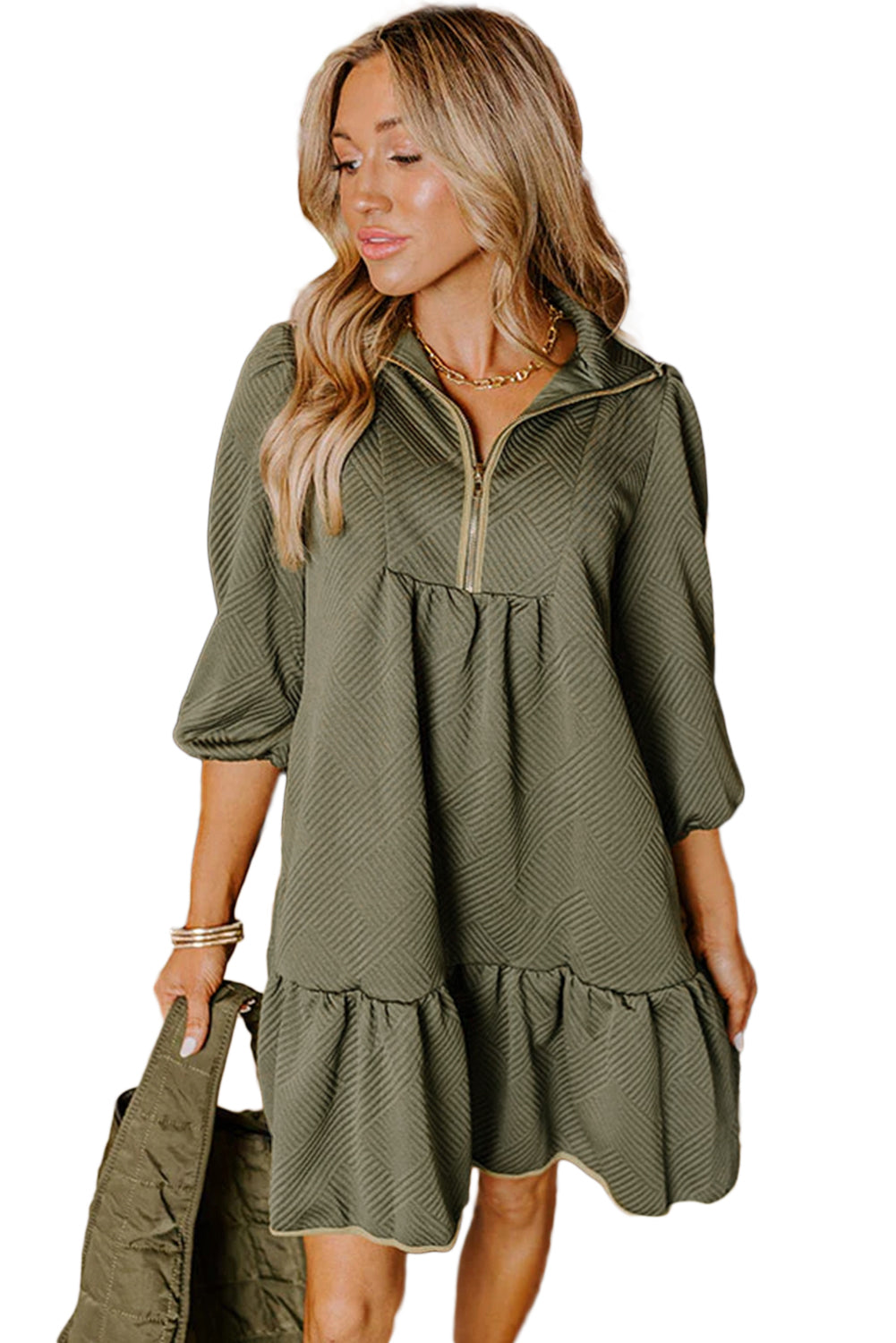 Quarter Zip Collar Bracelet Sleeve Textured Mini Dress