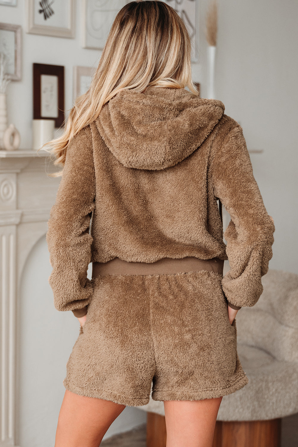 Parchment Zip Up Hoodie Sherpa Short Set