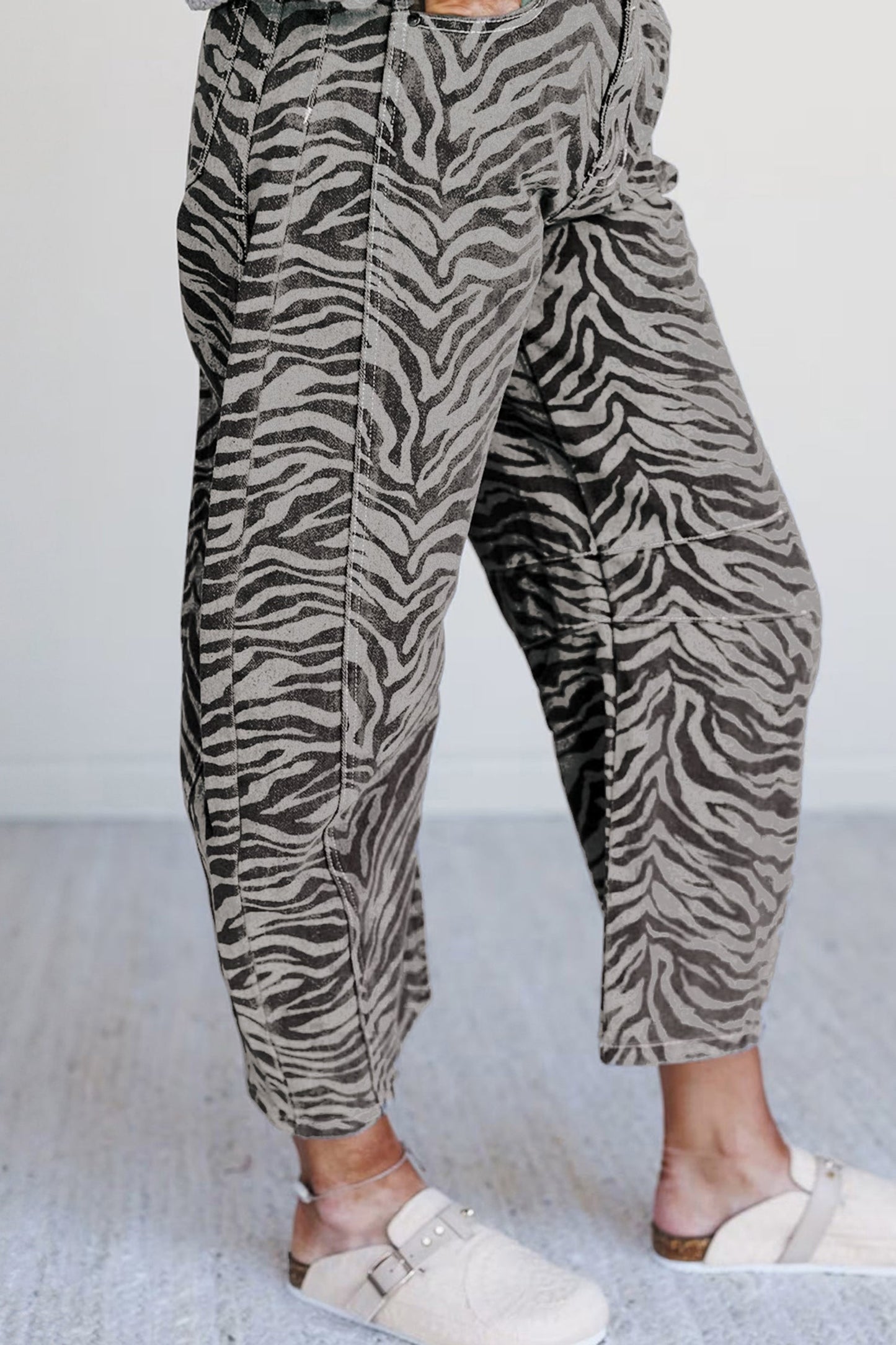 Gray Zebra Stripe Printed Wide Leg Jeans