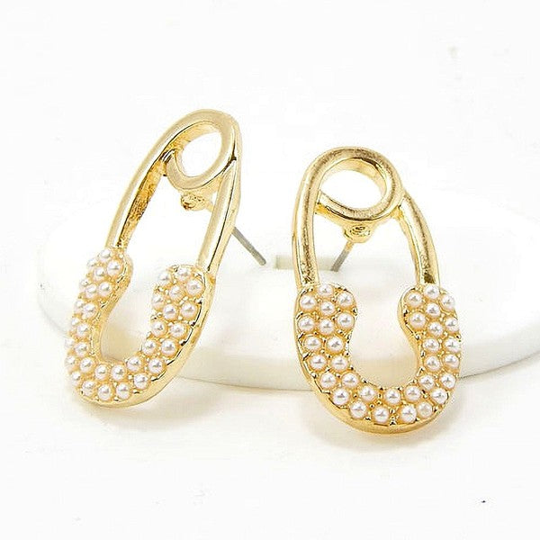 Faux Pearls Safety Pin Stud Earrings