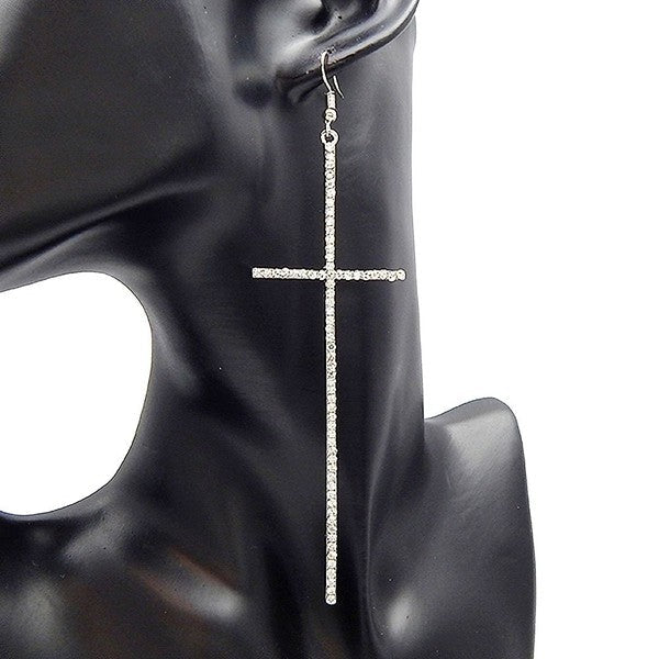 Long Huge Cross Rhinestone Dangle Earrings