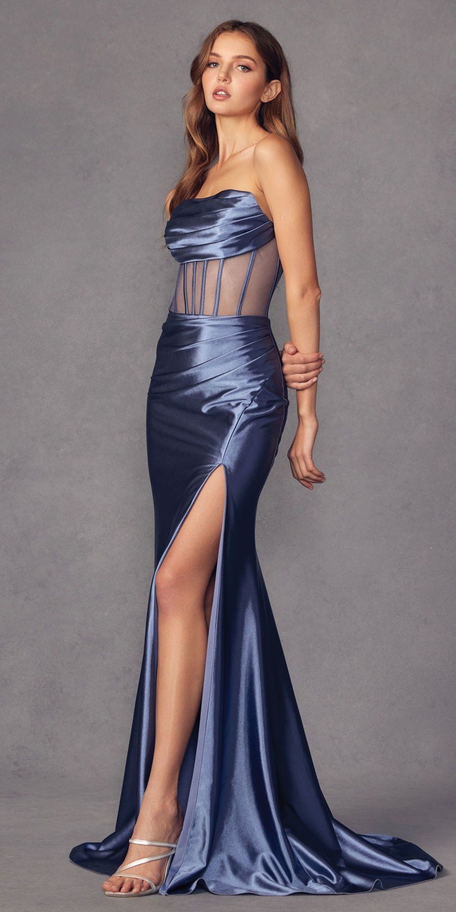 Juliet Floor Length Strapless Sheer Boned Bodice Slit Satin Dress