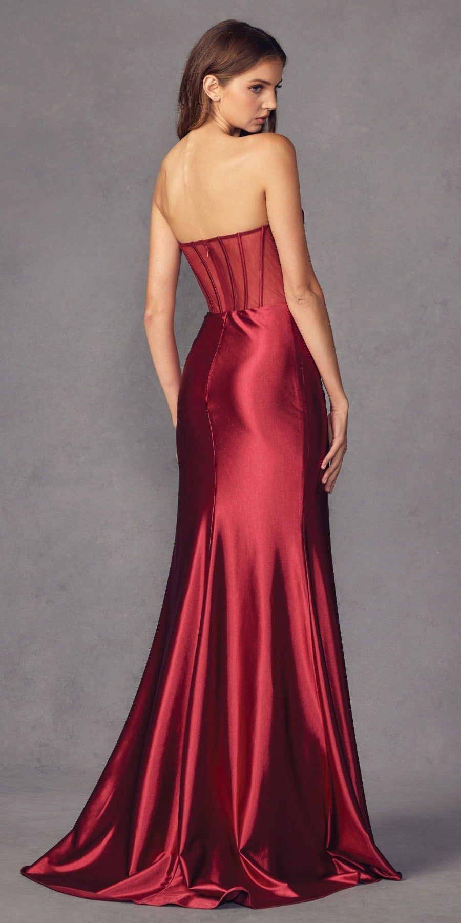 Juliet Floor Length Strapless Sheer Boned Bodice Slit Satin Dress