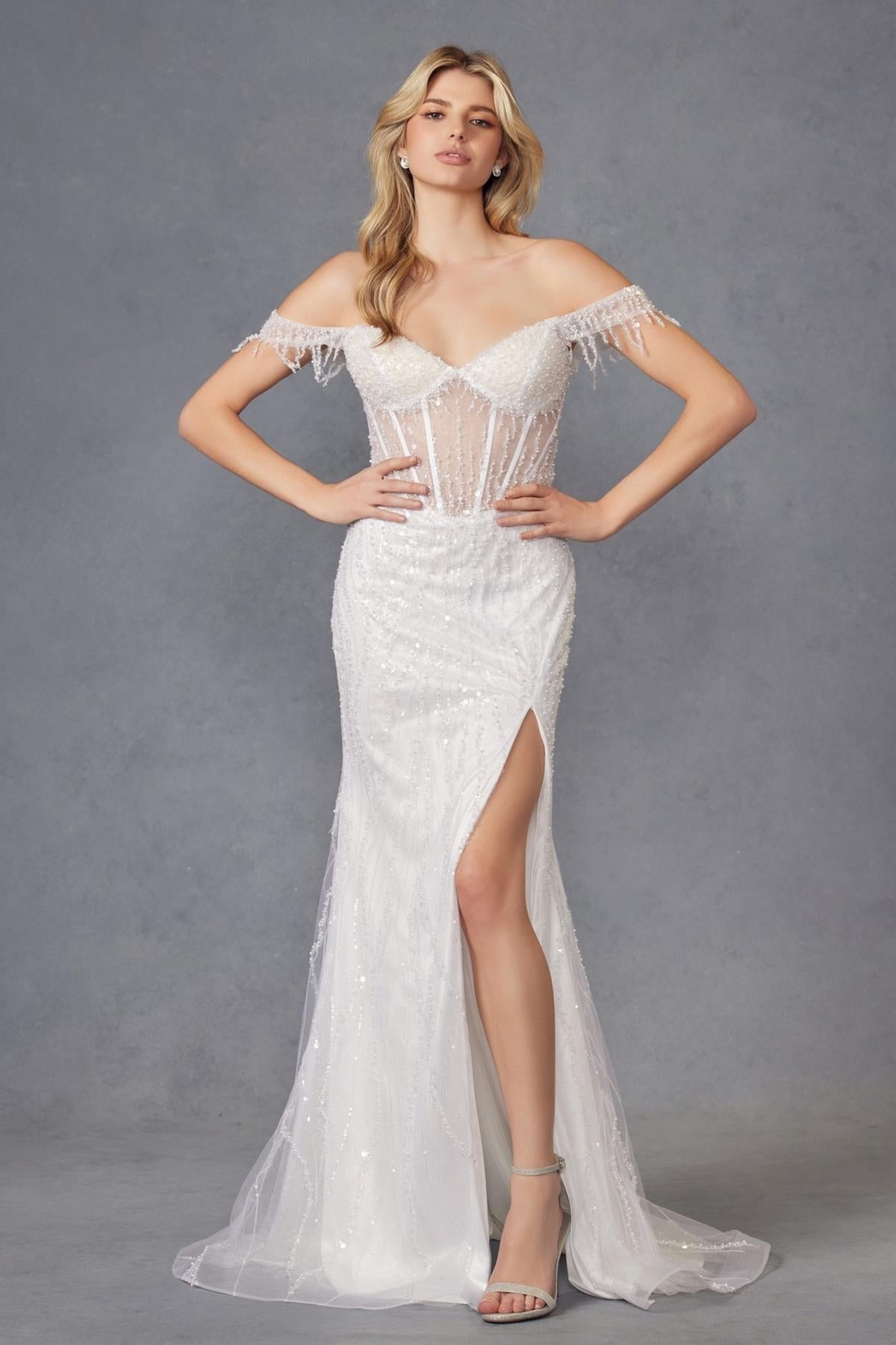 Juliet Long Off the Shoulder Fringe Sleeve Fitted Wedding Gown