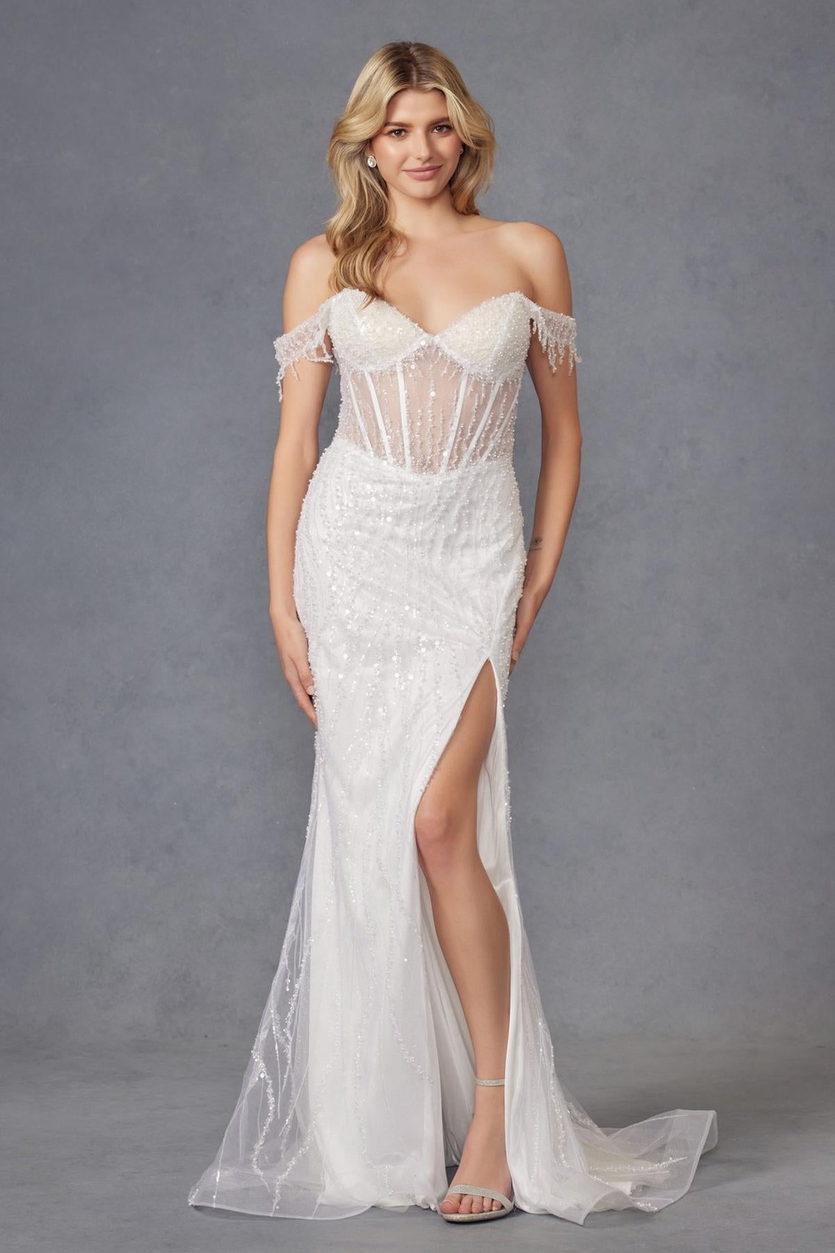 Juliet Long Off the Shoulder Fringe Sleeve Fitted Wedding Gown