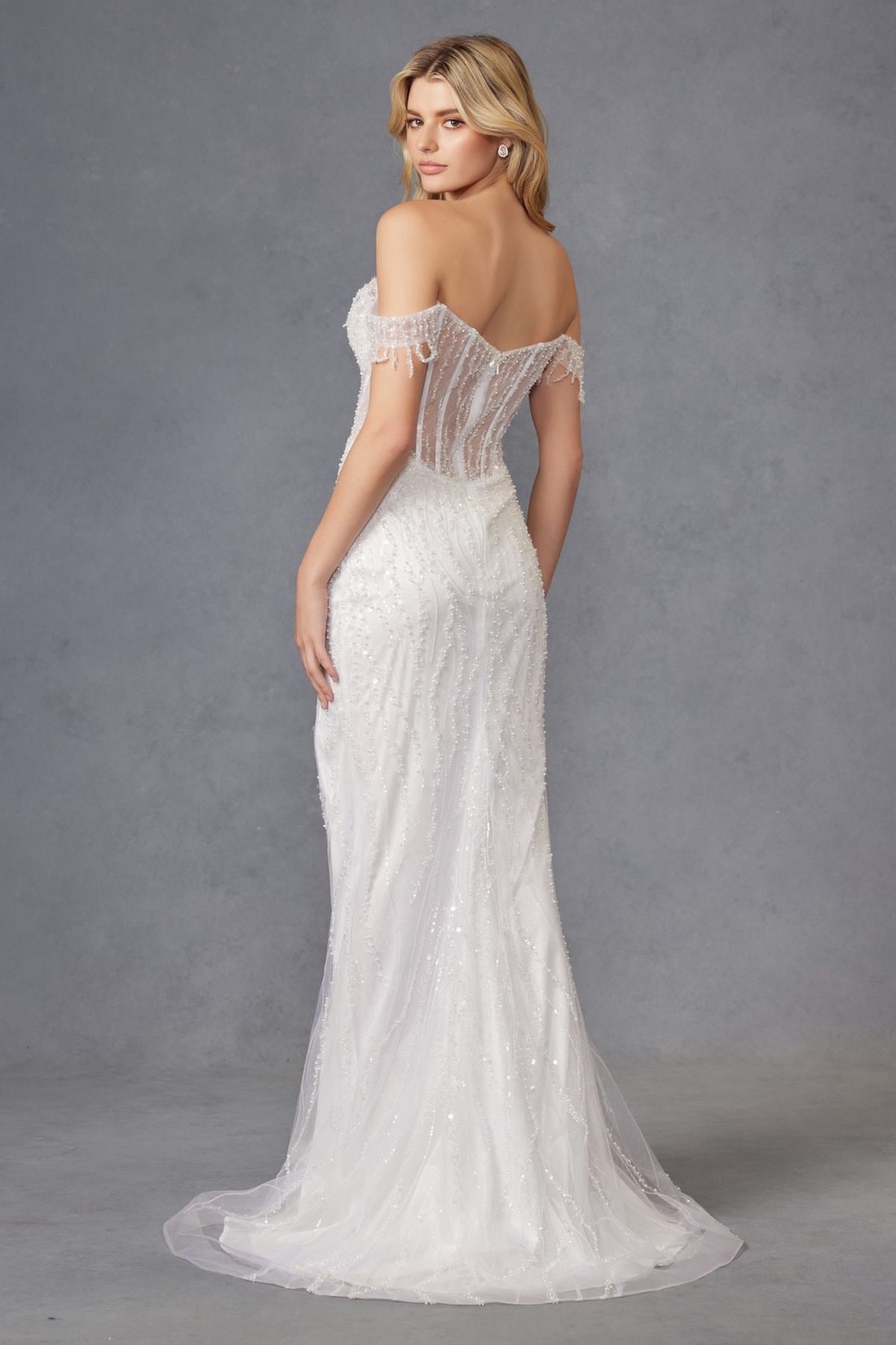 Juliet Long Off the Shoulder Fringe Sleeve Fitted Wedding Gown
