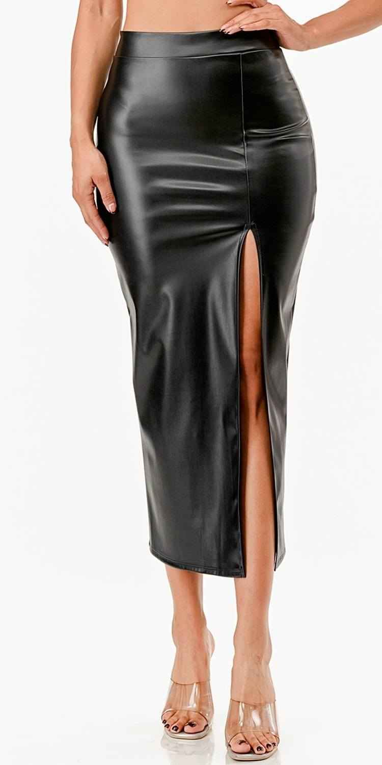 La Scala Mid Length PU leather Pencil Black Skirt
