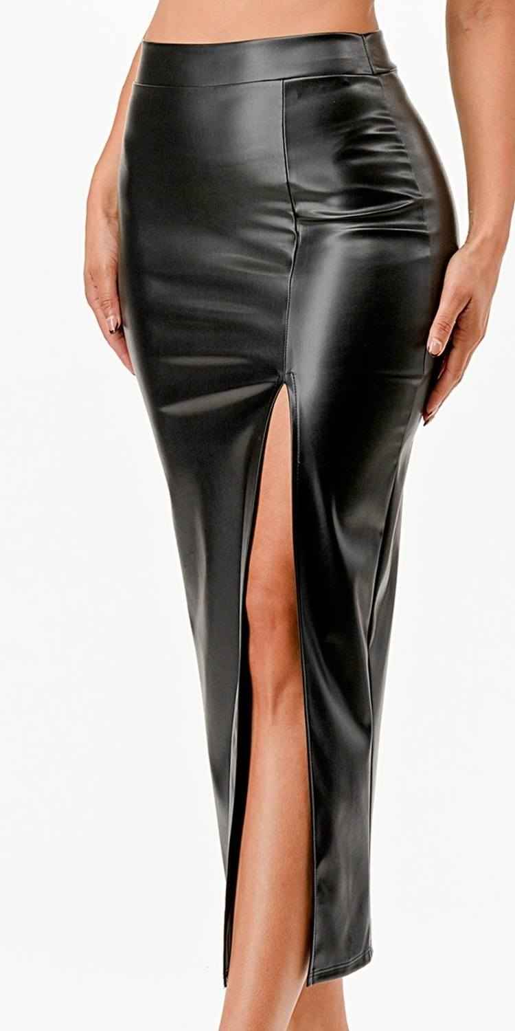 La Scala Mid Length PU leather Pencil Burgundy Skirt