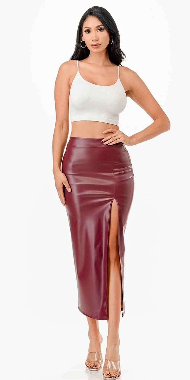 La Scala Mid Length PU leather Pencil Burgundy Skirt