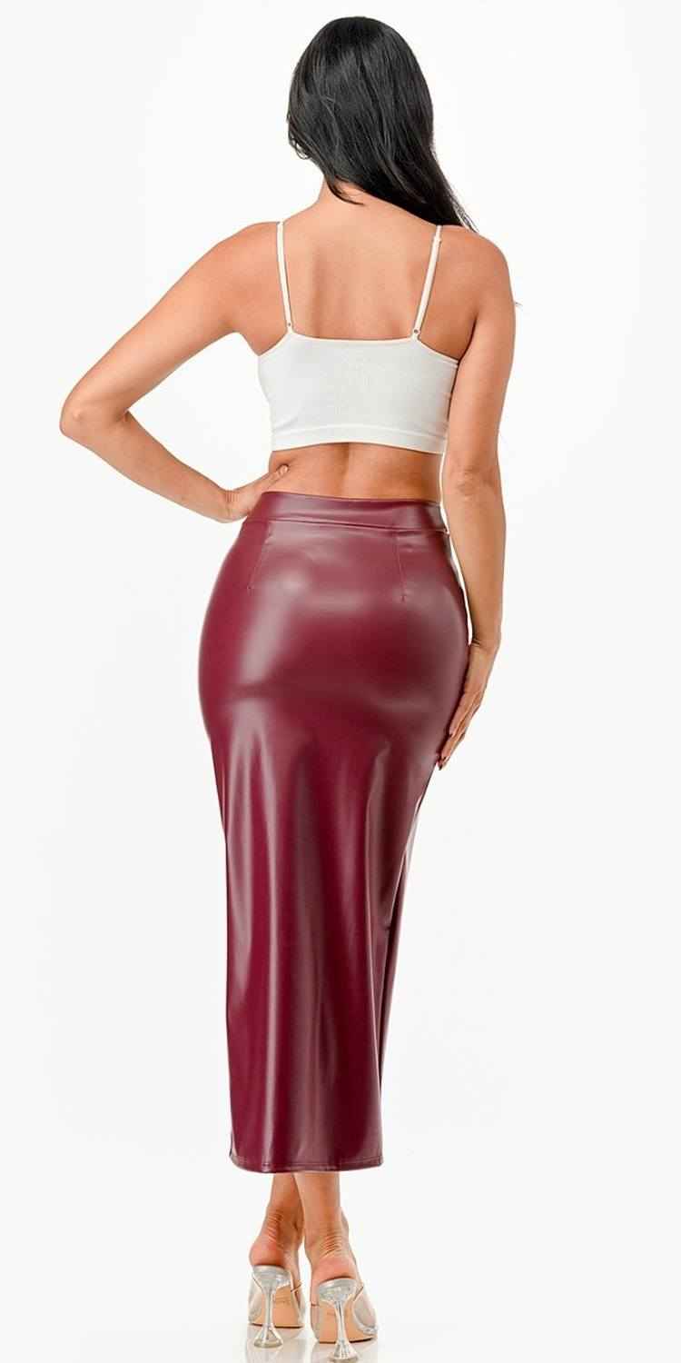La Scala Mid Length PU leather Pencil Burgundy Skirt