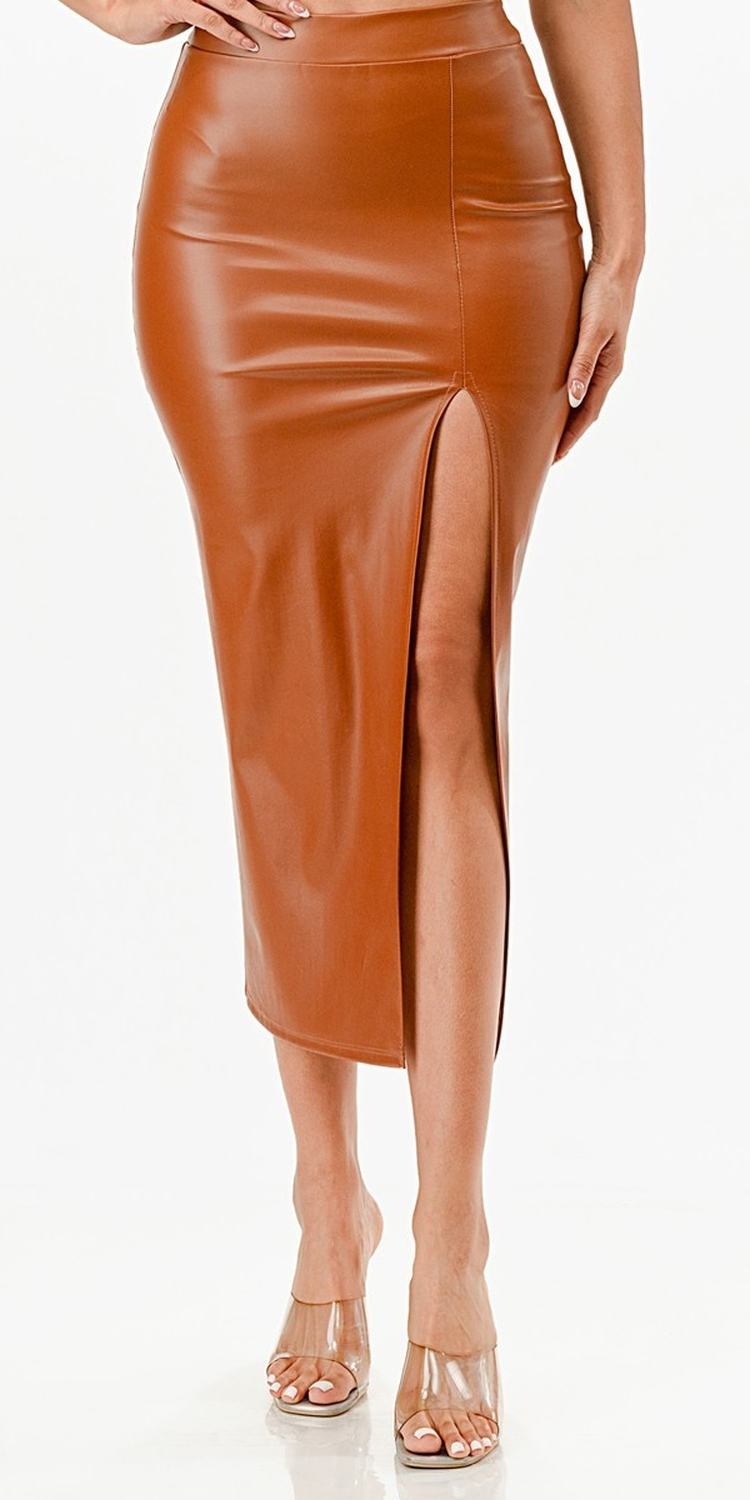 La Scala Mid Length PU leather Pencil Black Skirt