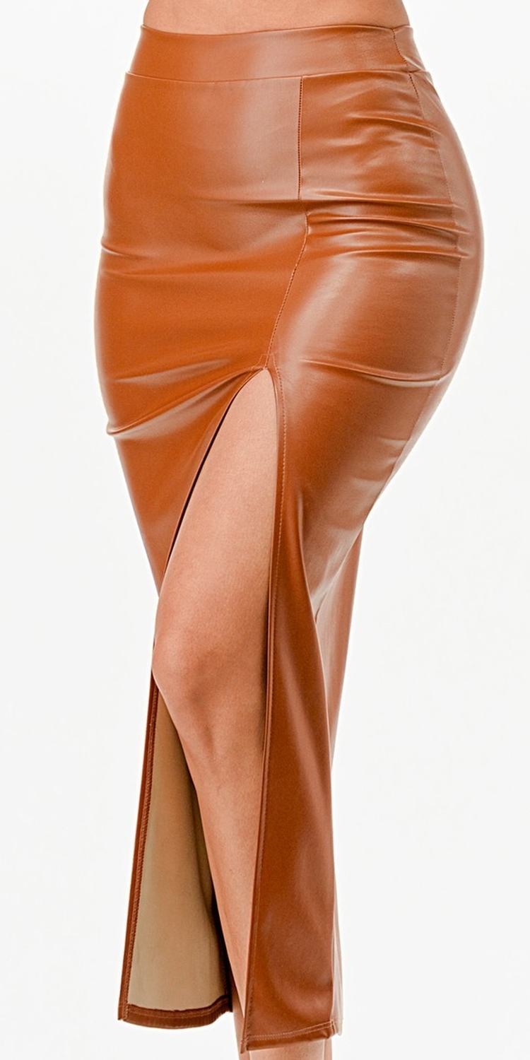 La Scala Mid Length PU leather Pencil Black Skirt