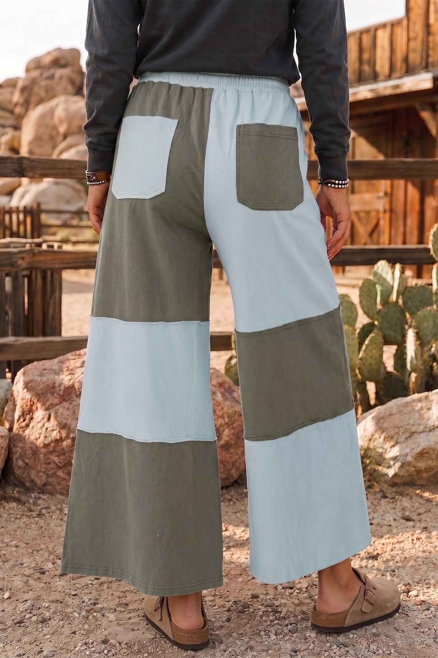 Raw Seam Colorblock Wide Leg Ankle Length Casual Pants