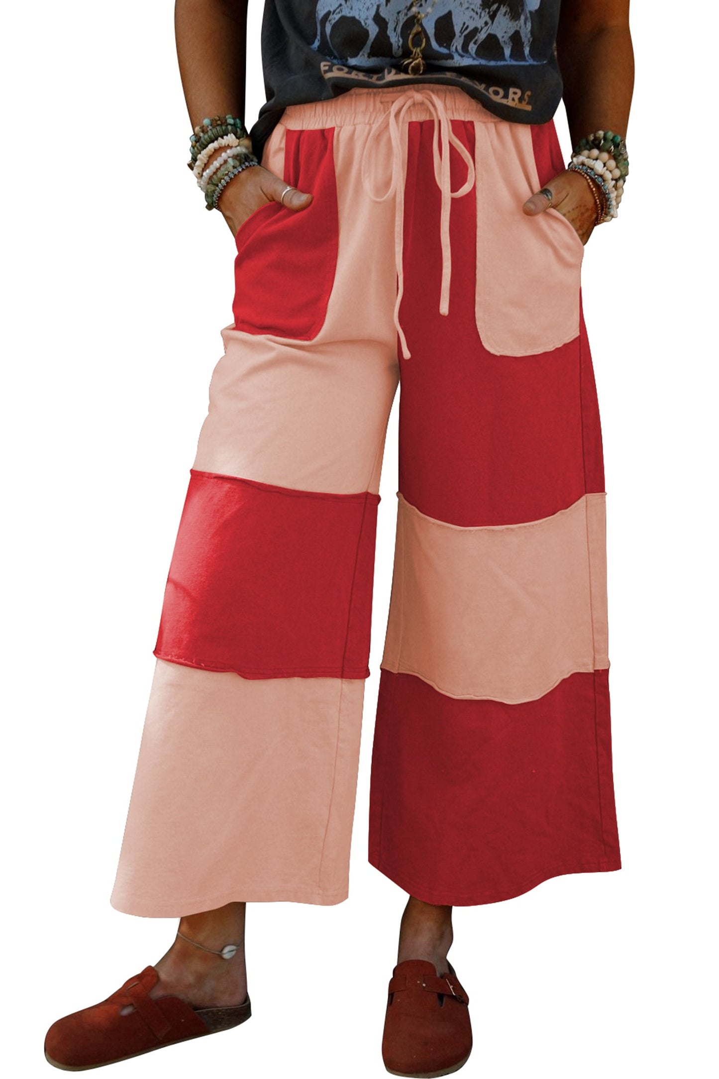 Raw Seam Colorblock Wide Leg Ankle Length Casual Pants