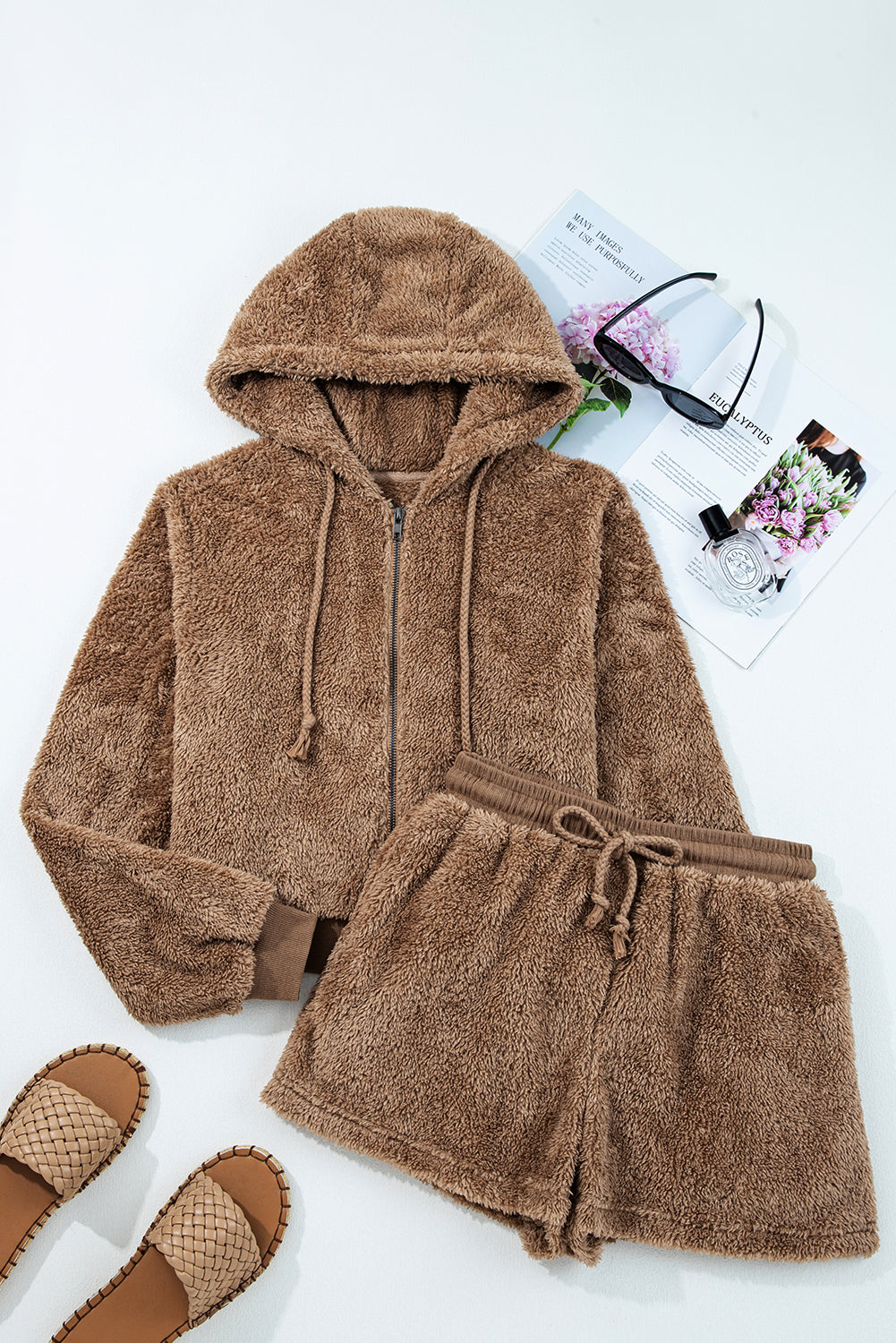 Parchment Zip Up Hoodie Sherpa Short Set