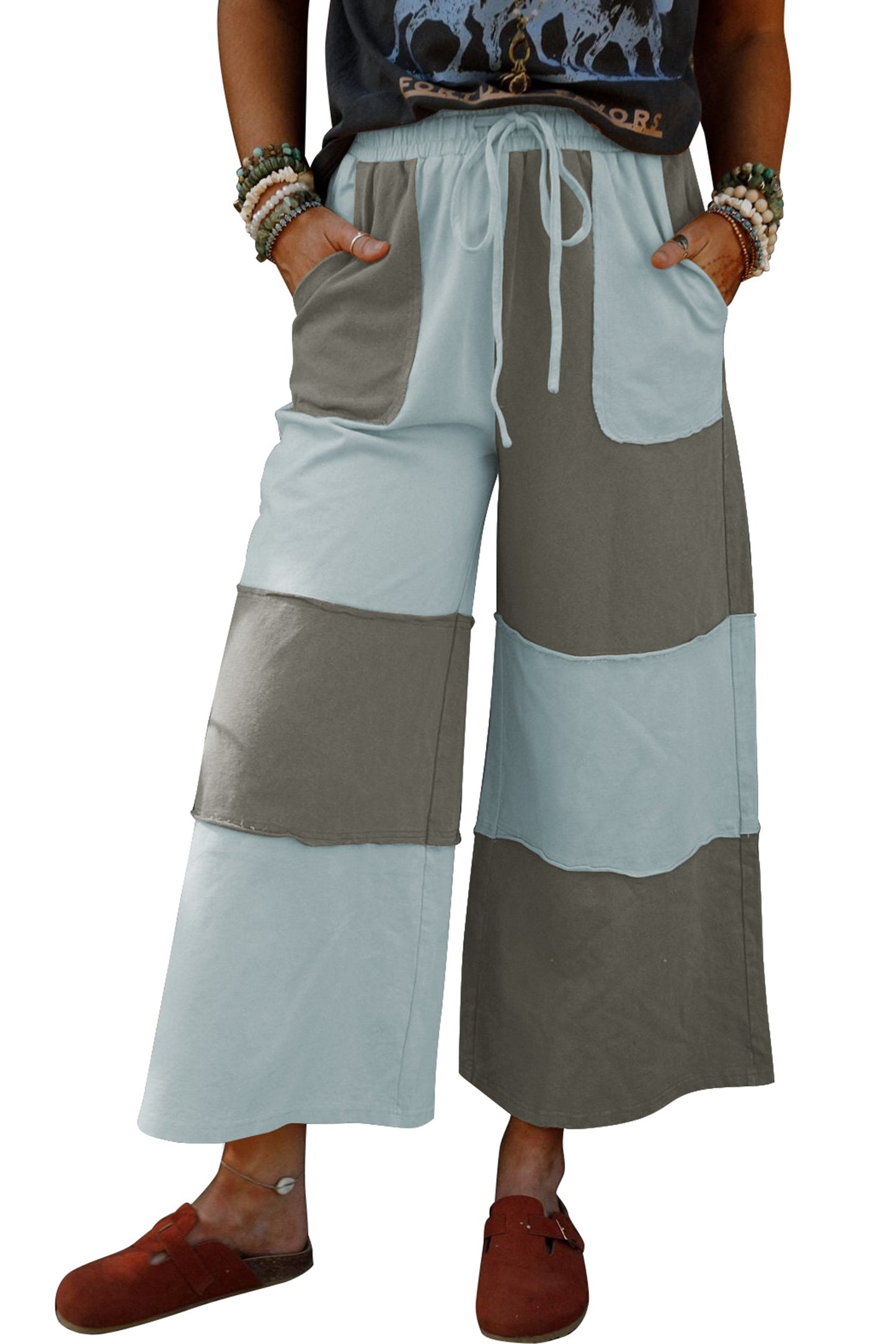 Raw Seam Colorblock Wide Leg Ankle Length Casual Pants