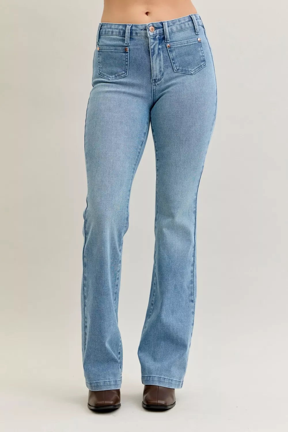 Judy Blue Full Size Mid Rise Bootcut Jeans with Contrast Wash & Front Patch Pockets