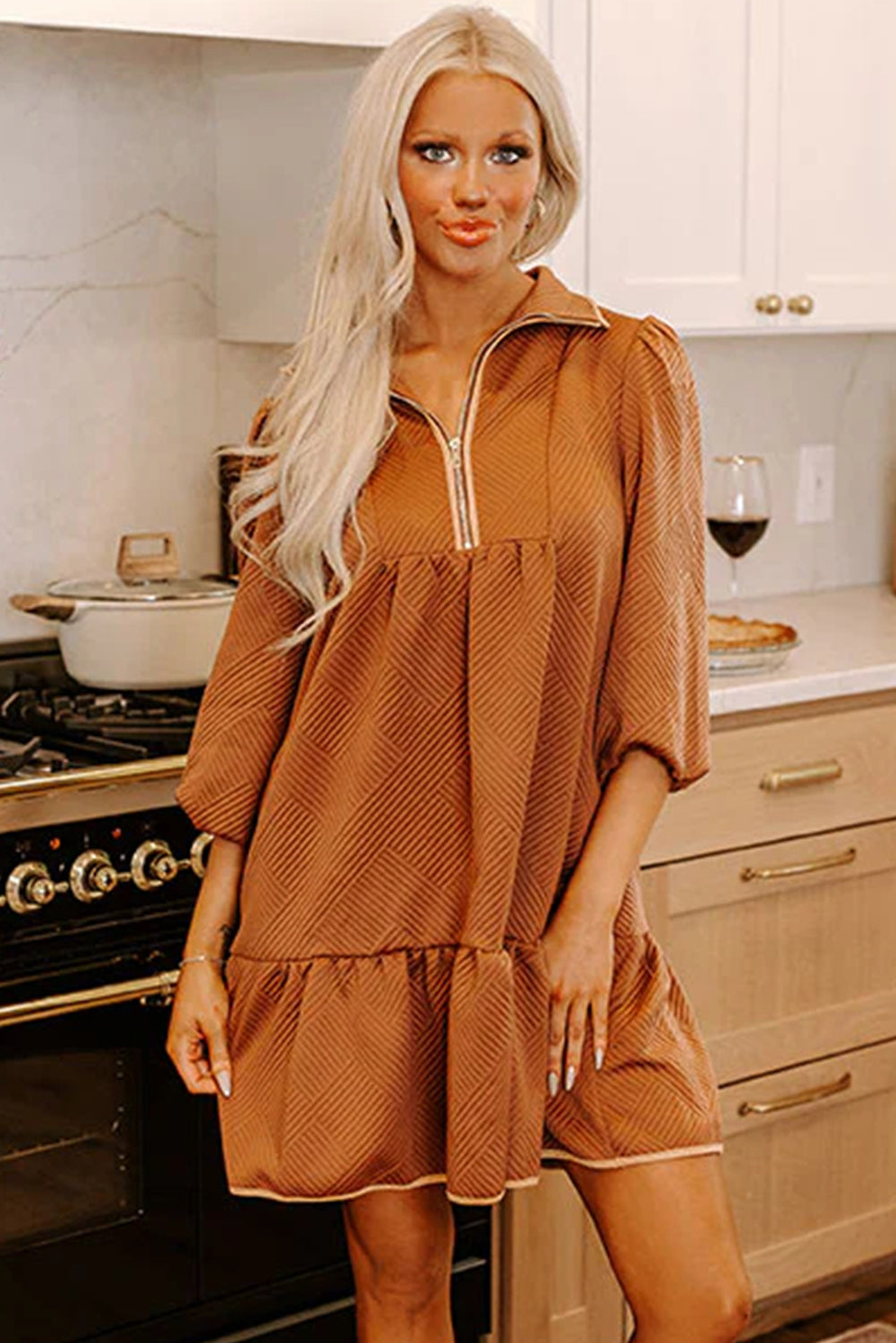 Quarter Zip Collar Bracelet Sleeve Textured Mini Dress