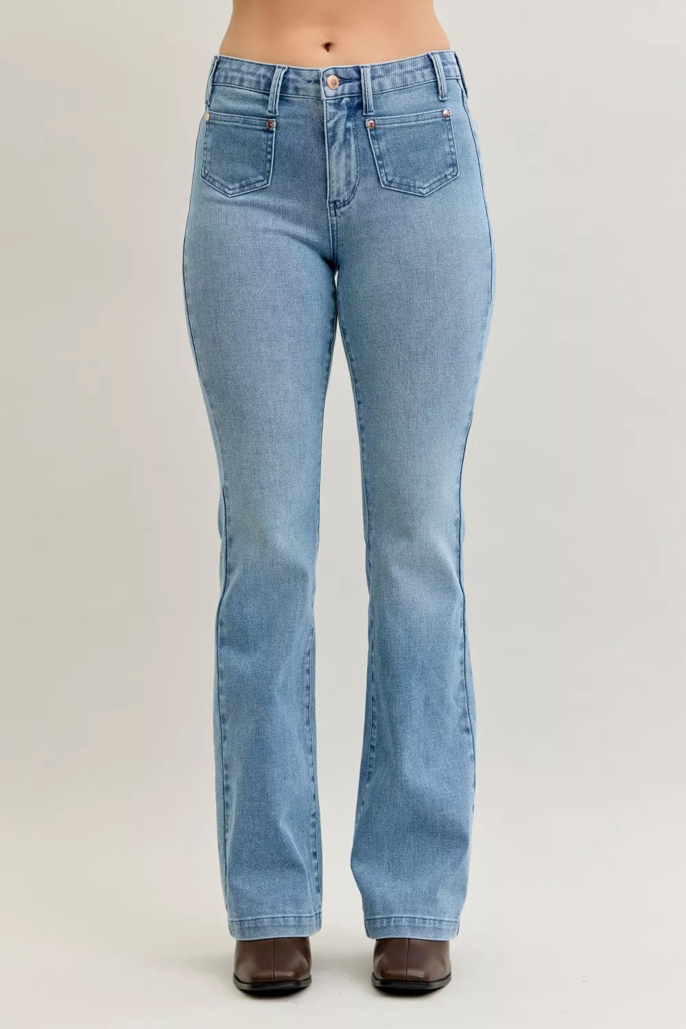 Judy Blue Full Size Mid Rise Bootcut Jeans with Contrast Wash & Front Patch Pockets