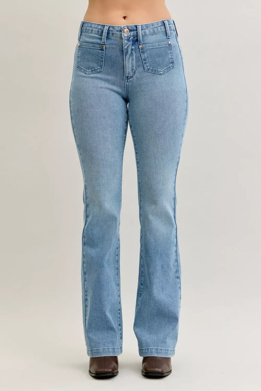 Judy Blue Full Size Mid Rise Bootcut Jeans with Contrast Wash & Front Patch Pockets