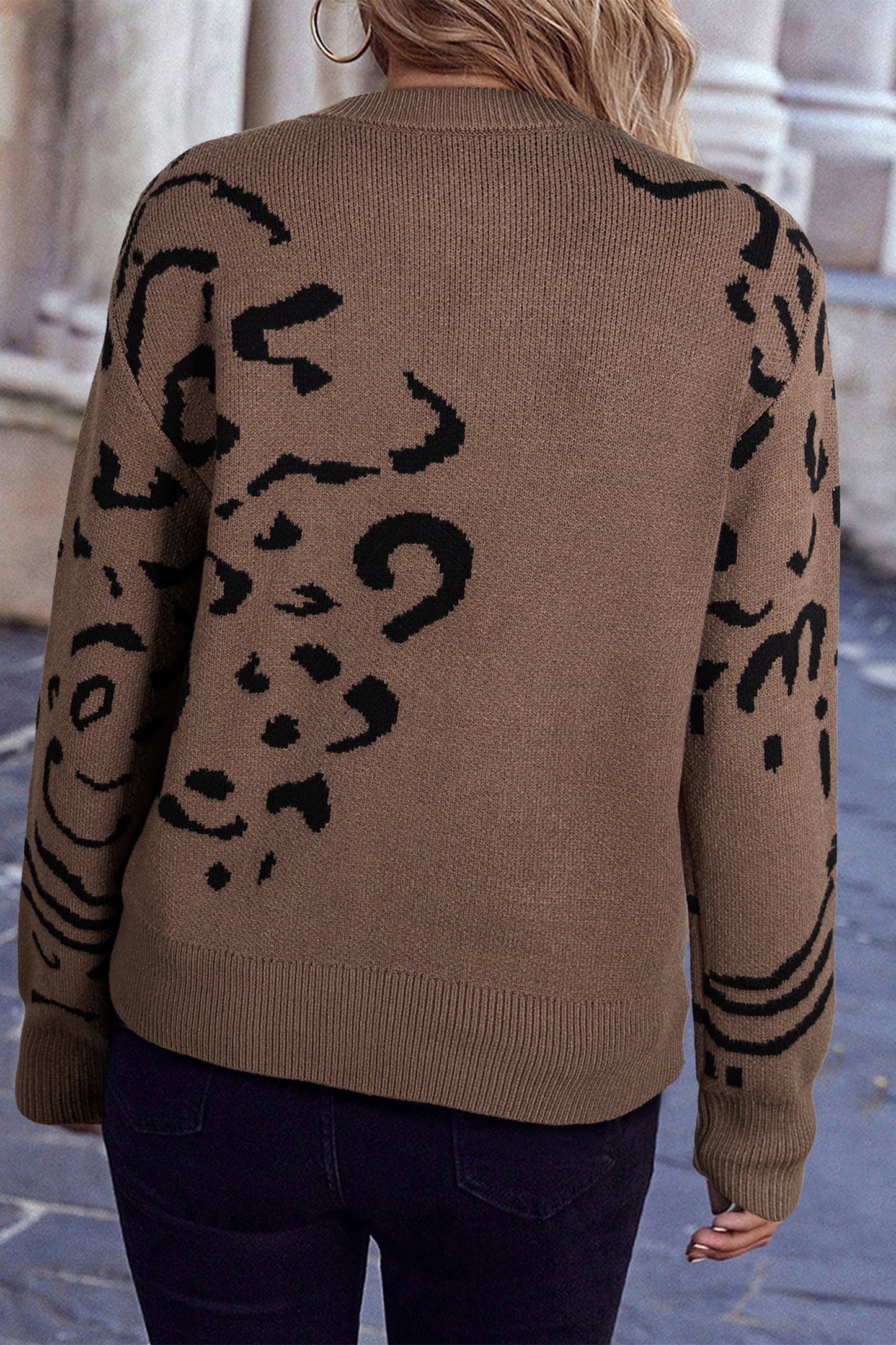 Asymmetric Leopard Print Detail Drop Shoulder Sweater