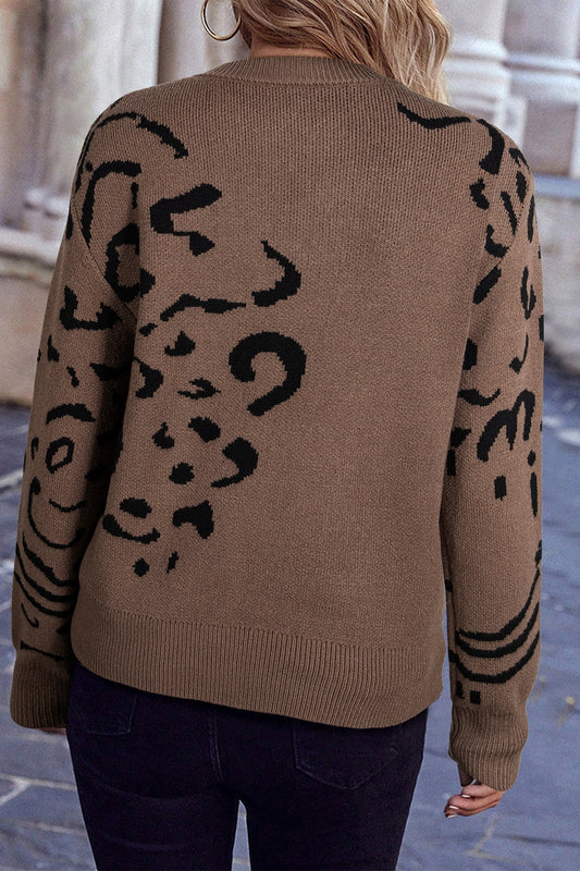 Asymmetric Leopard Print Detail Drop Shoulder Sweater
