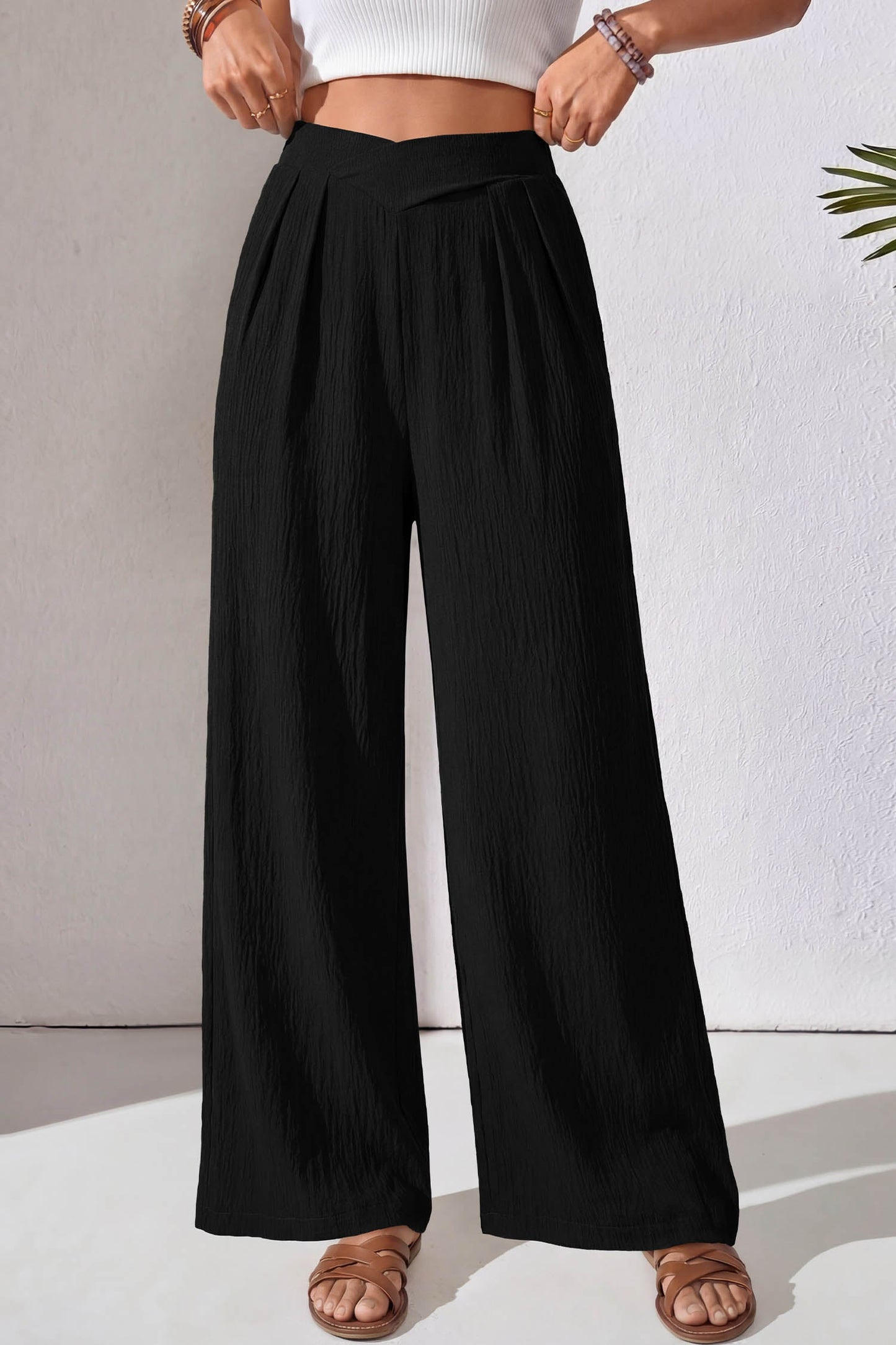Black Textured Crossed Waist Loose Pants