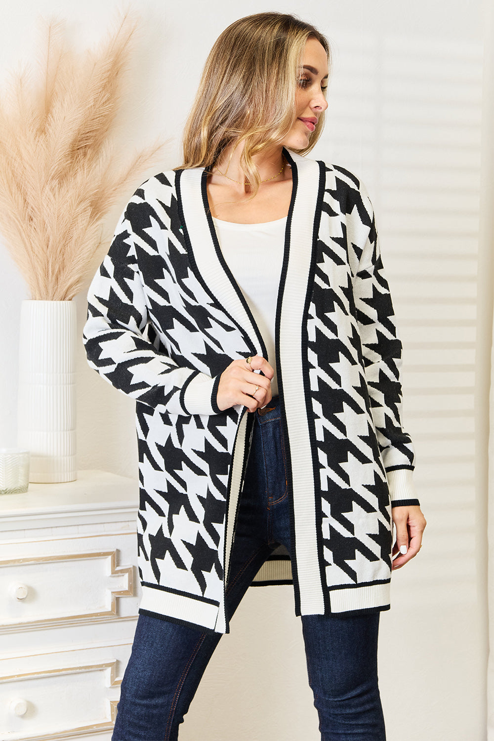 Mandy Woven Houndstooth Open Front Longline Cardigan